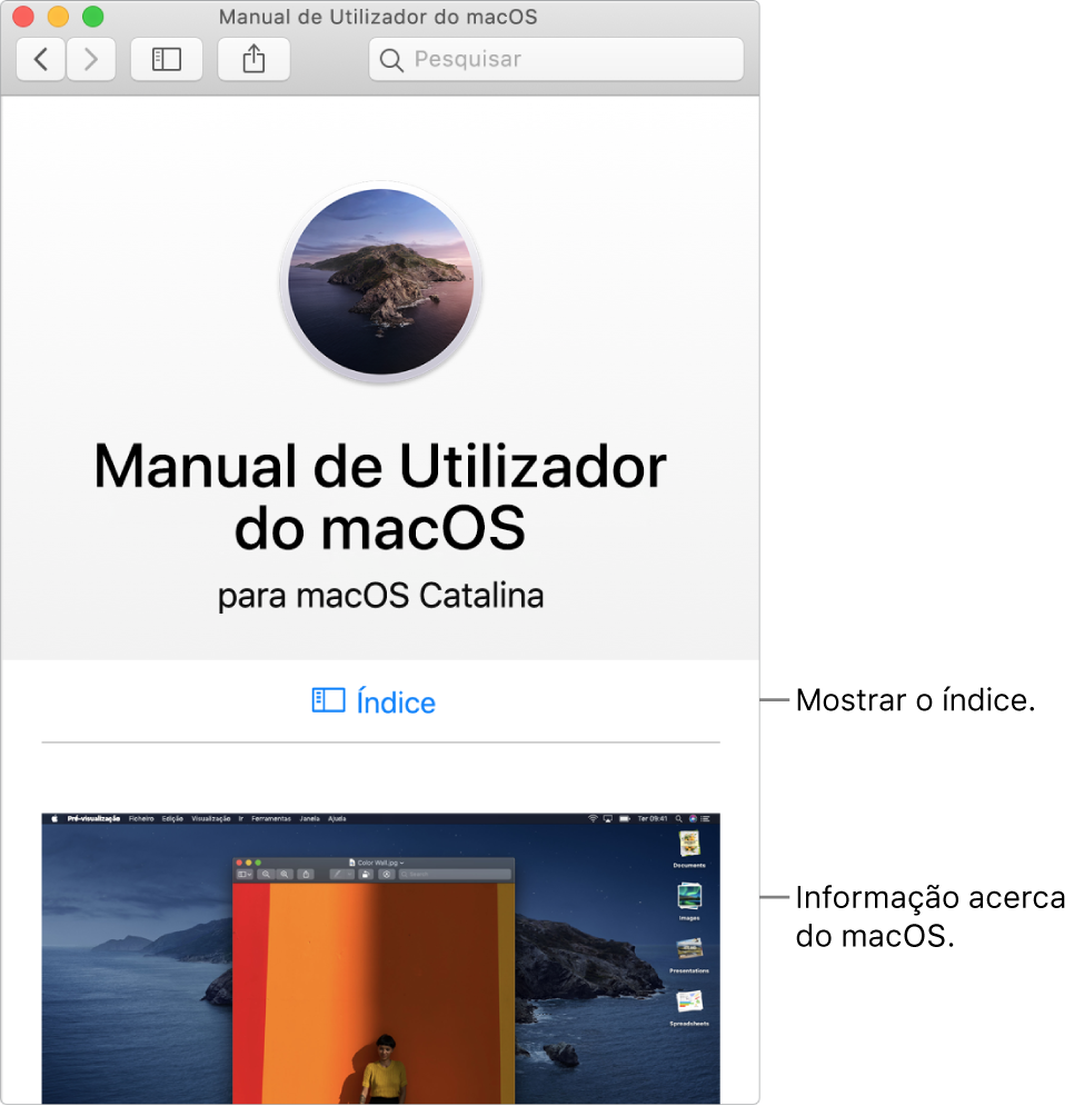 A página de introdução ao Manual do Utilizador do macOS a mostrar a hiperligação “Índice”.