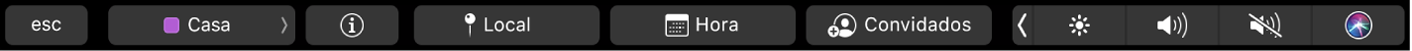A Touch Bar do Calendário com os botões para escolher calendários, ver os detalhes do evento, editar o local, editar a hora e adicionar convidados.