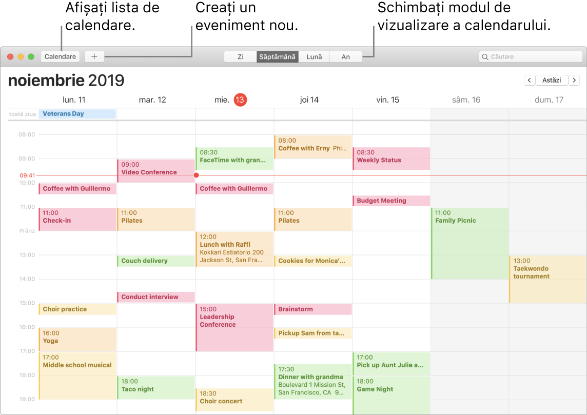 O fereastră Calendar care afișează cum să creați un eveniment, să afișați lista calendarelor și să alegeți vizualizarea Zi, Săptămână, Lună sau An.