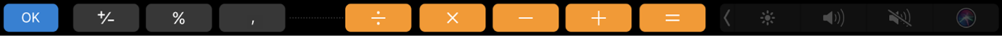 Touch Bar pentru Calculator în modul de editare, cu un buton OK la stânga.
