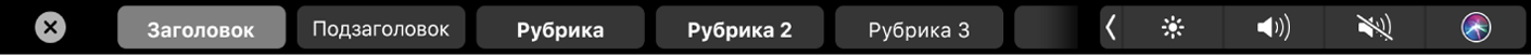 Панель Touch Bar для Pages. Показаны стили форматирования абзацев, в том числе Название, Заголовок и Подпись.