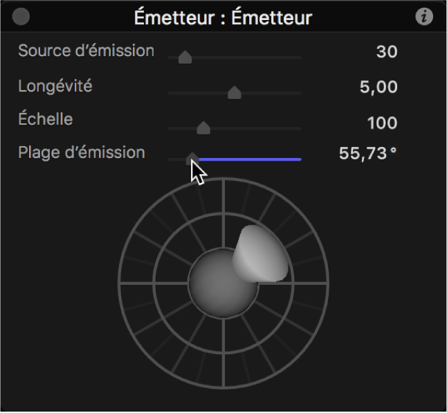 Palette affichant la commande d’émission 3D avec une plage d’émission réduite