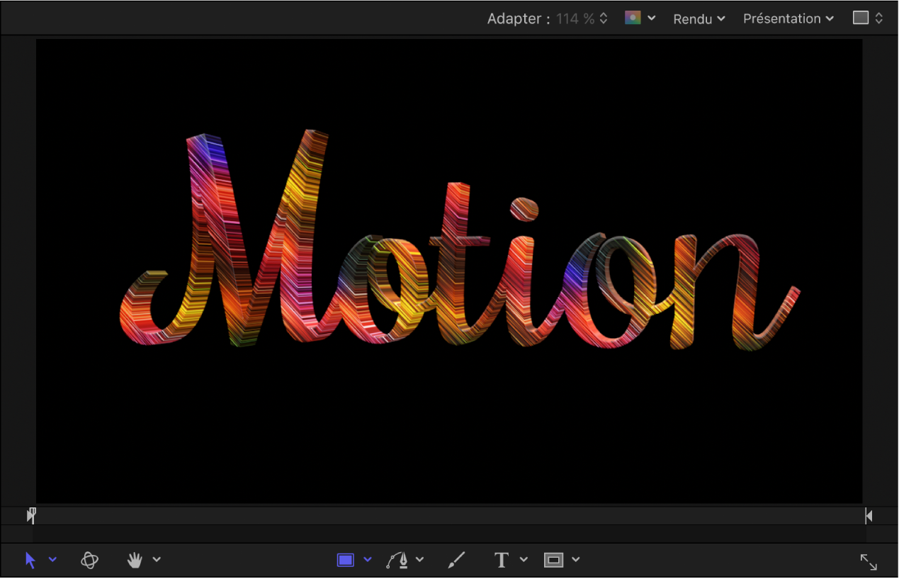 Exemple de texte 3D sur lequel est appliqué un calque de matériau Animation dans le canevas