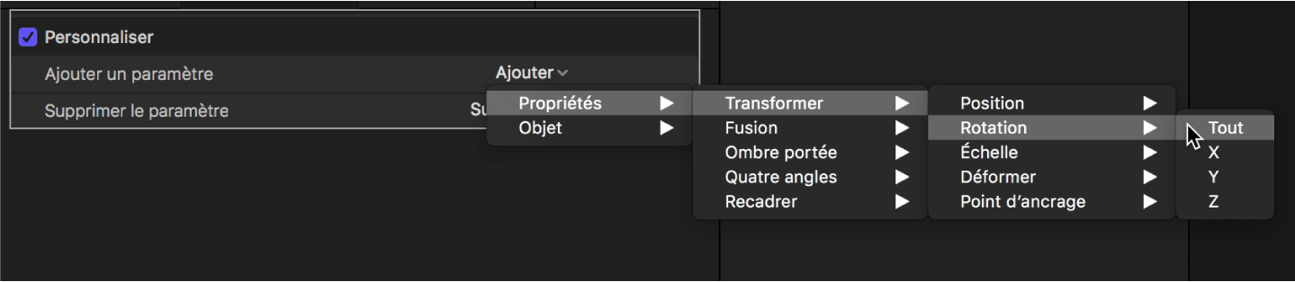 Inspecteur de comportements affichant un paramètre ajouté au comportement Personnaliser depuis le sous-menu Propriétés > Transformer > Position