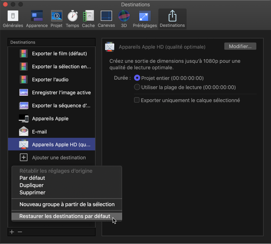 Fenêtre Préférences de Motion affichant l’option « Restaurer les destinations par défaut » dans le menu de raccourcis de la fenêtre Destinations