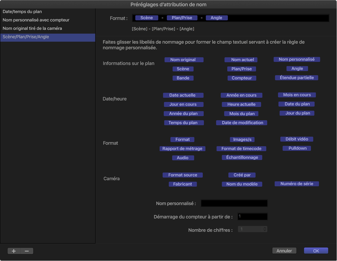 Fenêtre « Préréglages d’attribution de nom »