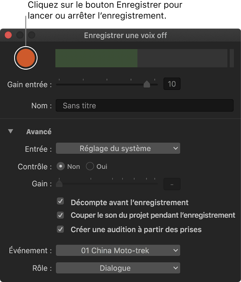 Fenêtre « Enregistrer une voix off »