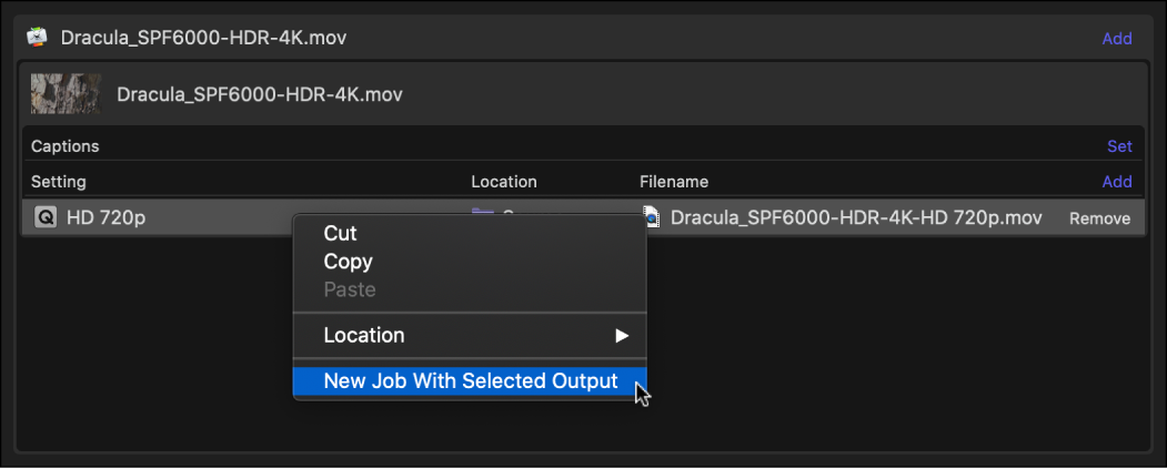 Stapelbereich mit dem Kontextmenü für den Auftrag