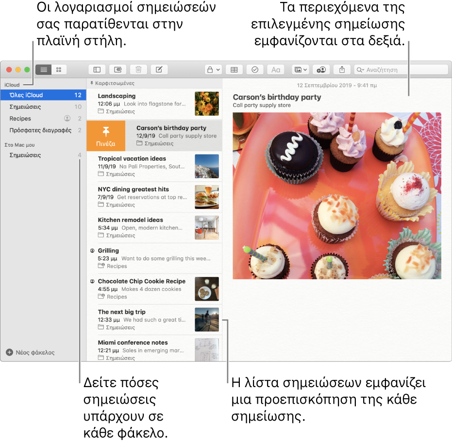 Το παράθυρο των Σημειώσεων με όλους τους διαμορφωμένους λογαριασμούς και φακέλους σας εμφανίζεται στην πλαϊνή στήλη στα αριστερά, η λίστα των σημειώσεων στη μέση εμφανίζει μια προεπισκόπηση κάθε σημείωσης και το περιεχόμενο της επιλεγμένης σημείωσης εμφανίζεται στα δεξιά. Ο αριθμός των σημειώσεων εμφανίζεται δίπλα σε κάθε φάκελο.