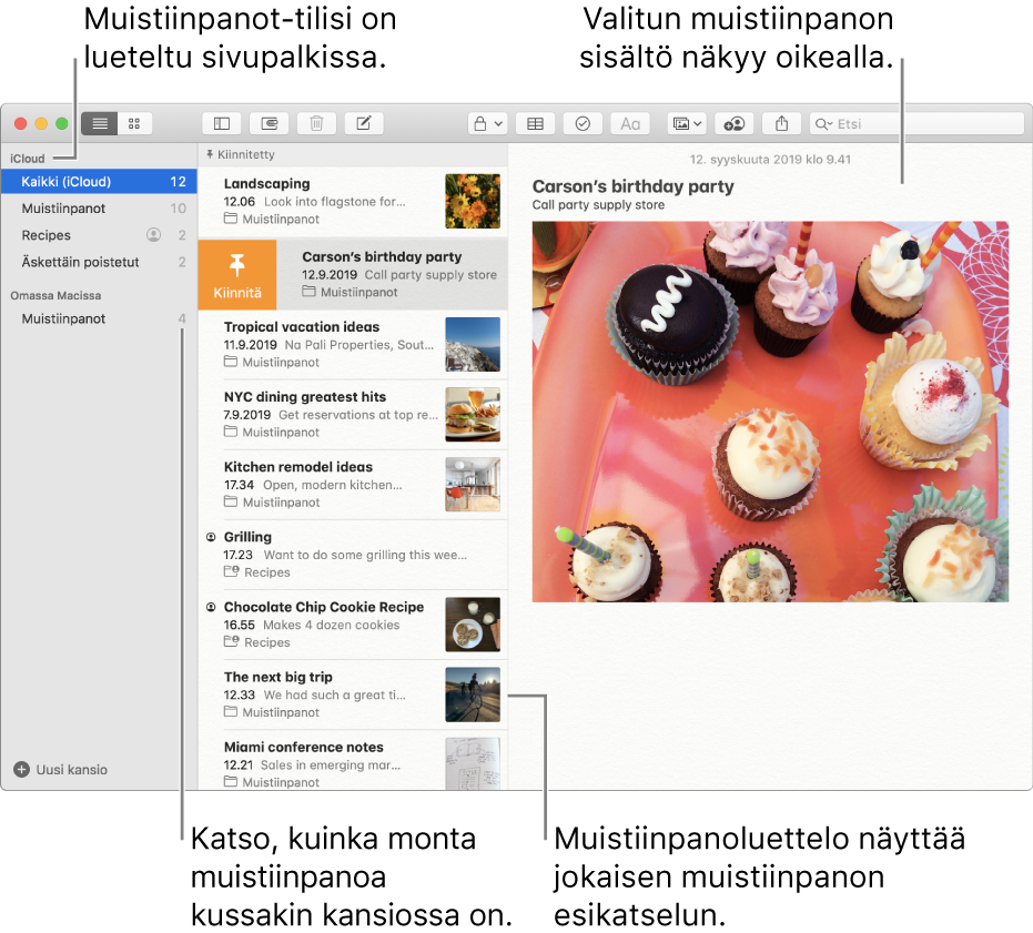 Muistiinpanot-ikkuna, jonka vasemmalla olevassa sivupalkissa on luetteloituna kaikki asetetut tilit ja kansiot, keskellä on muistiinpanoluettelo, jossa näkyy esikatselu jokaisesta muistiinpanosta, ja oikealla näkyy valitun muistiinpanon sisältö. Muistiinpanojen määrä näkyy jokaisen kansion vieressä.
