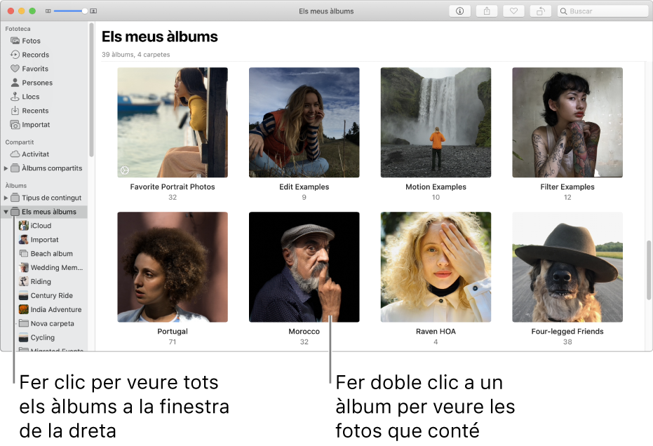 La finestra de l’app Fotos, que mostra “Els meus àlbums” seleccionat a la barra lateral i els àlbums que has creat, a la finestra a la dreta.
