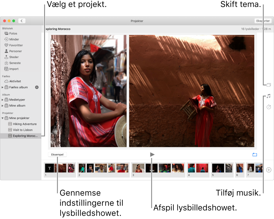 Fotos-vindue, der viser et lysbilledshow i vinduets primære område med knapperne Eksempel, Afspil og Sløjfe under det primære billede fra lysbilledshowet, miniaturer af alle billederne i lysbilledshowet nederst i vinduet og til højre knapperne Tema, Musik og Varighed.