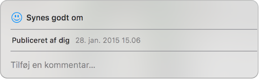 Et vindue, der viser mulighederne Synes godt om og Kommentar til et fælles fotografi.