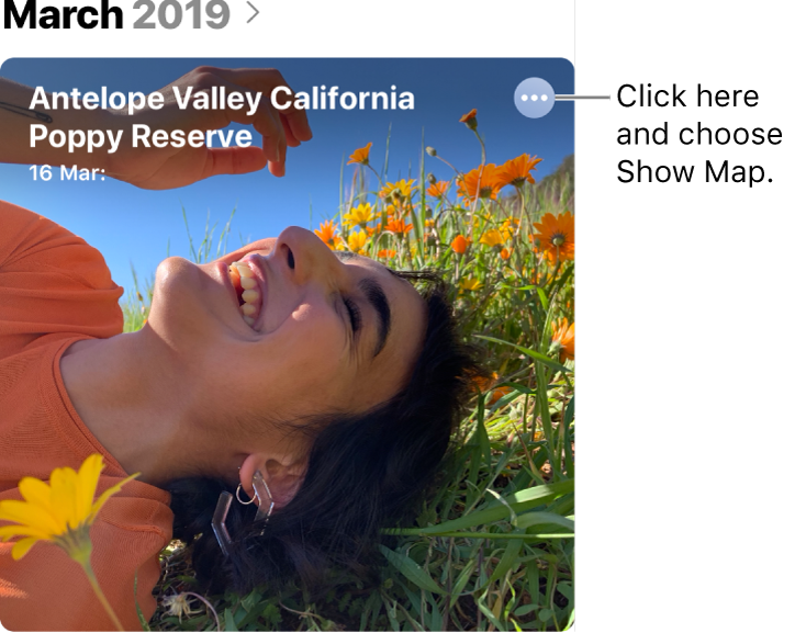 A photo representing photos taken on a particular day with location information at the top left and a button at the top right for displaying a map.