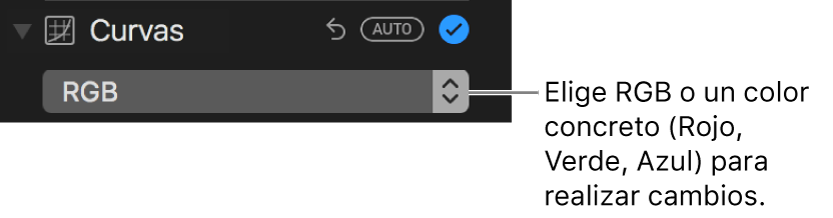 Los controles de Curvas con RGB seleccionado en el menú desplegable.
