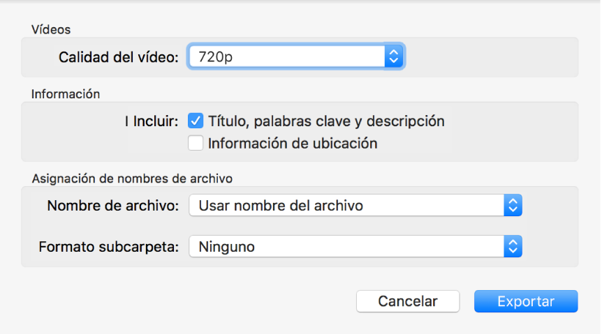 Un cuadro de diálogo en el que se muestran opciones para exportar vídeos.