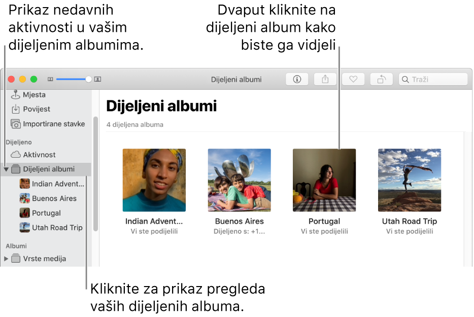Prozor Dijeljeni albumi u prozoru Foto prikazuje dijeljene albume.