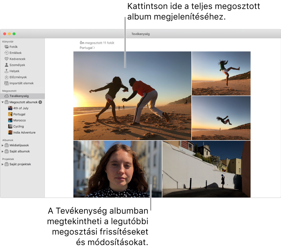 A Fotók ablak megjelenített Tevékenység albummal.