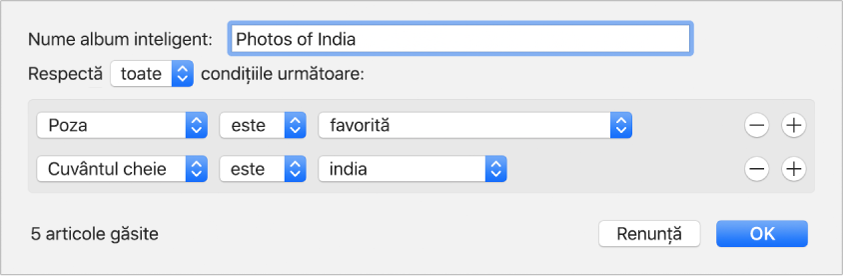 Un dialog afișând criteriile pentru un Album inteligent.