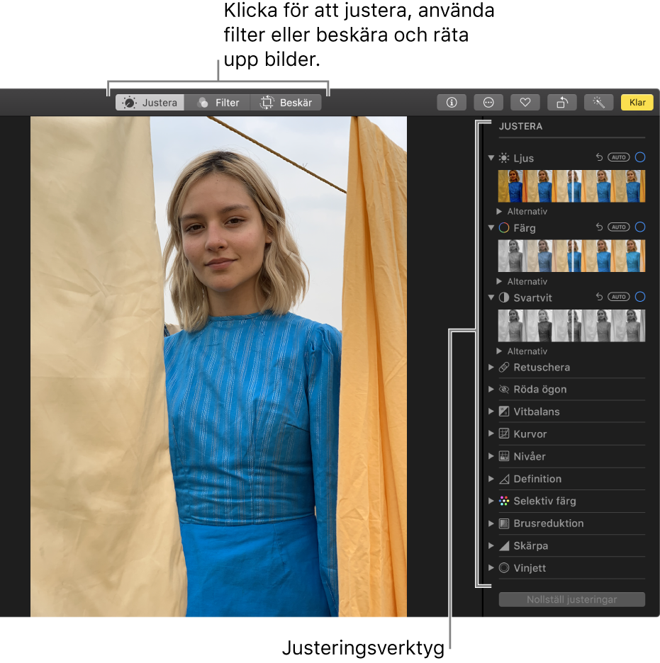 En bild i redigeringsvy med redigeringsverktygen till höger.