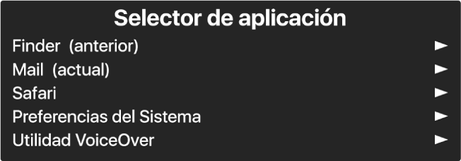 El selector de app es un panel que muestra las apps que están abiertas en estos momentos. A la derecha de cada ítem de la lista hay una flecha.