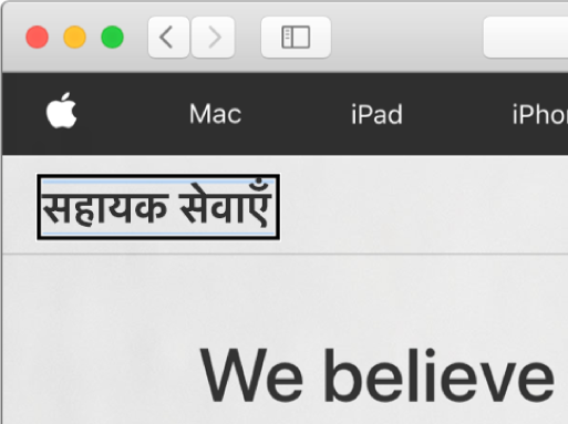 VoiceOver कर्सर—काली आयताकार बाह्यरेखा—स्क्रीन पर “Accessibility” शब्द पर केंद्रित है।