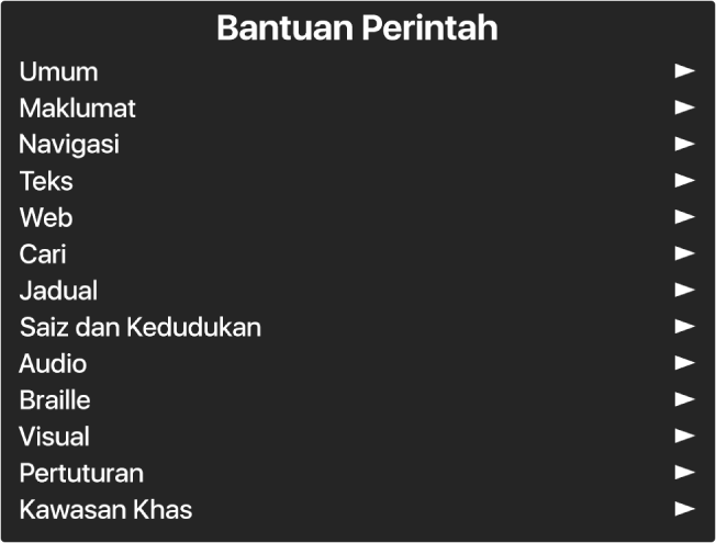 Menu Bantuan Perintah adalah panel yang menyenaraikan kategori perintah, dimulakan dengan Umum dan diakhiri dengan Kawasan Khas. Di sebelah kanan setiap item dalam senarai adalah anak panah untuk mengakses submenu item.