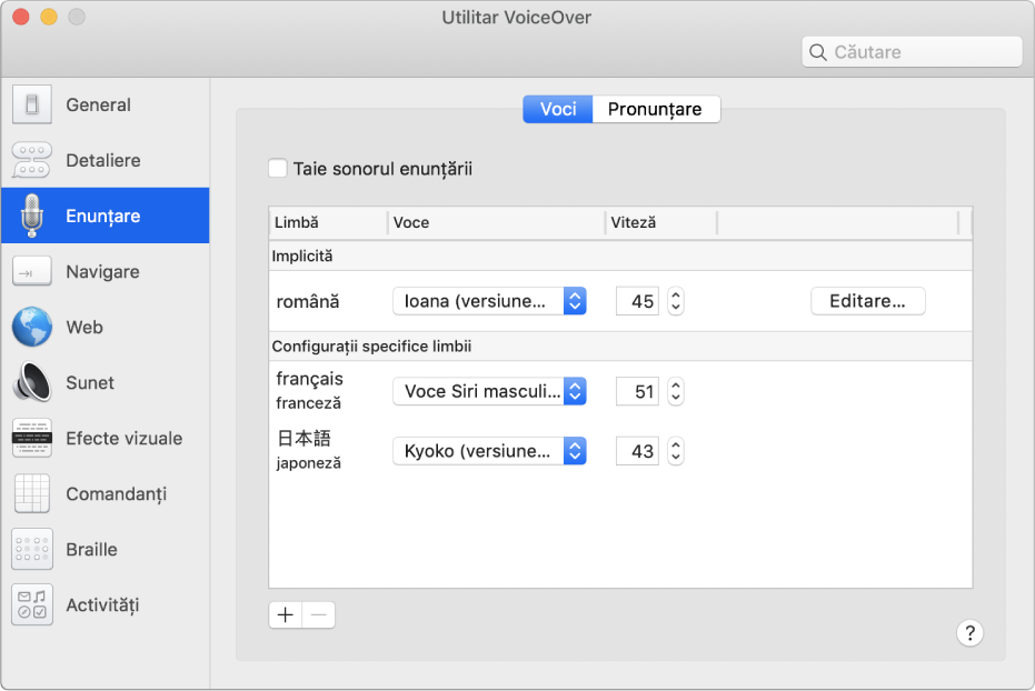 Panou Voci din Utilitarul VoiceOver, afișând configurările de voce pentru limbile engleză, franceză și japoneză.