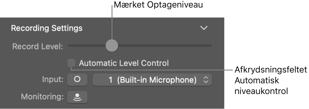 Mærket Optageniveau og afkrydsningsfeltet Automatisk niveaukontrol i Info om Smart Controls.