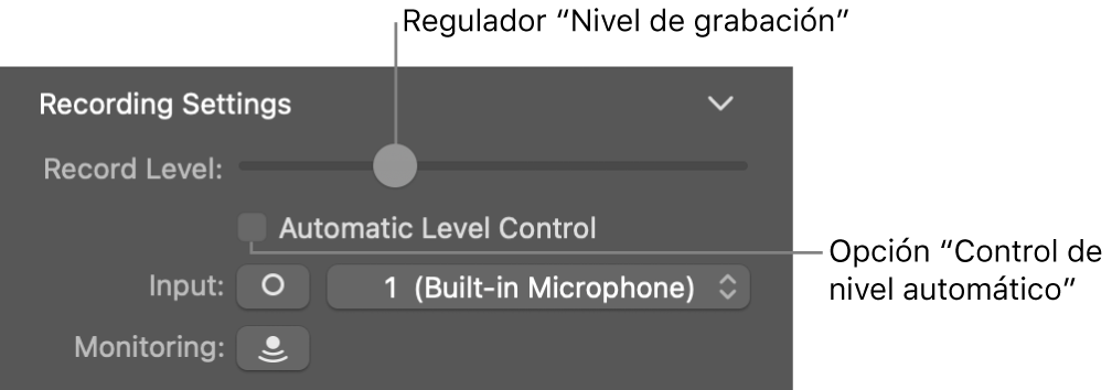 Regulador “Nivel de grabación” y casilla “Control de nivel automático” en el inspector de Smart Controls.