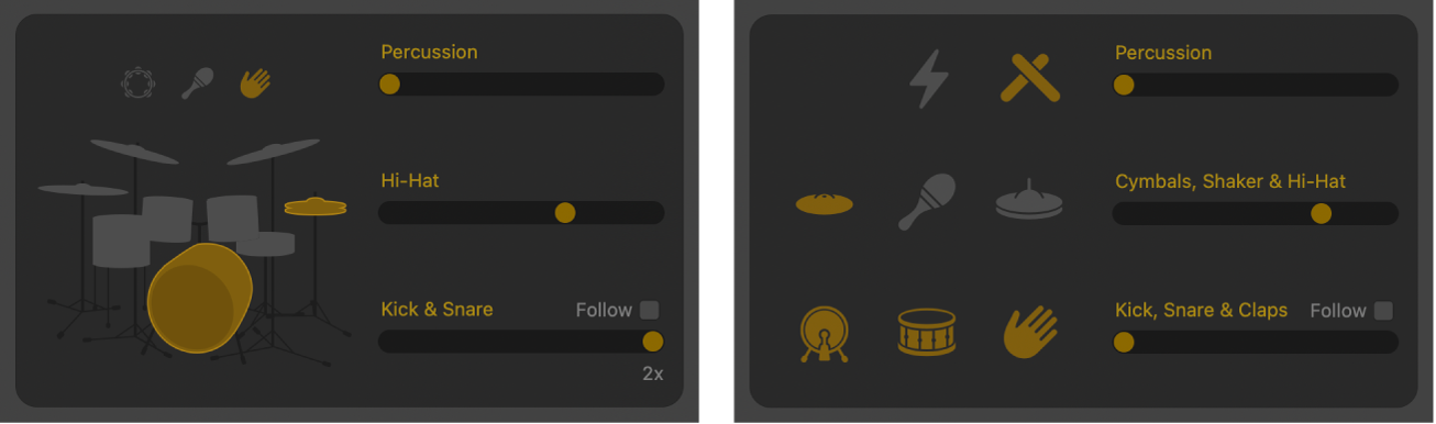 Éditeur Drummer présentant des commandes de variation de motif.