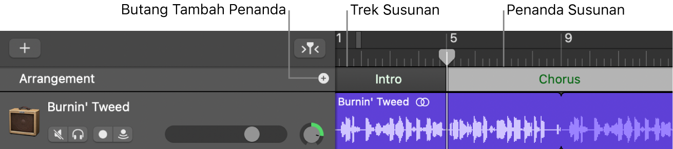 Trek Susunan yang menunjukkan butang Tambah Penanda dan rantau Susunan.