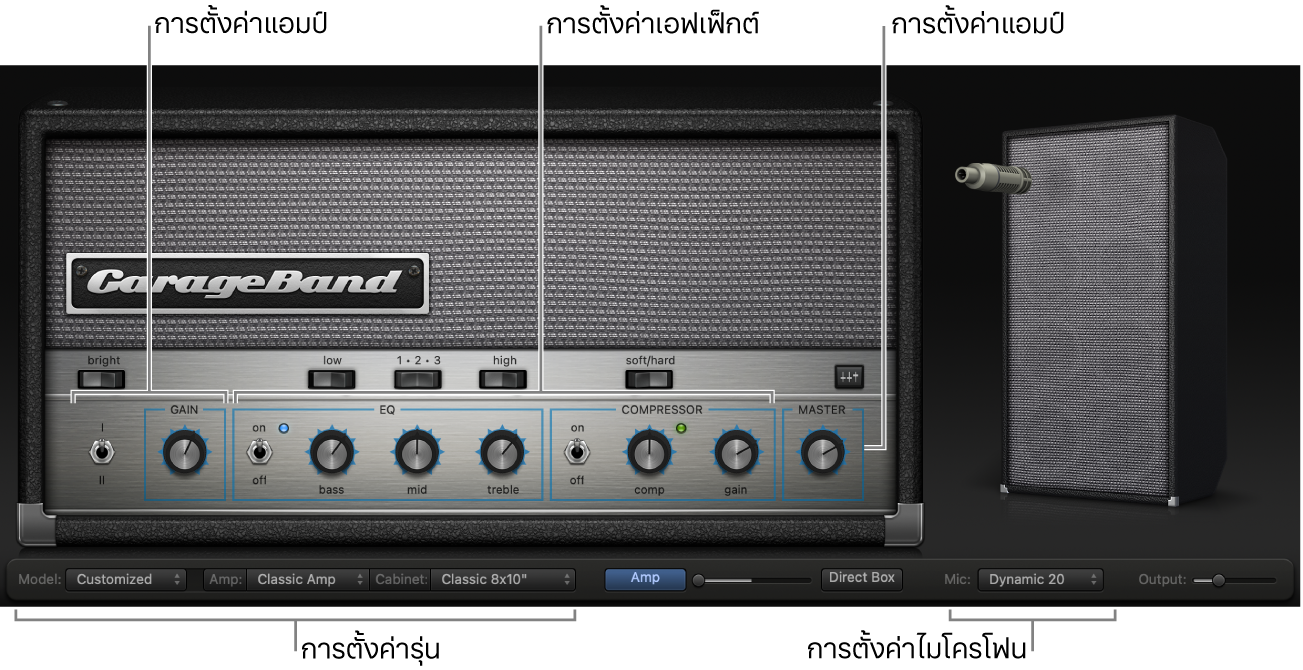 หน้าต่าง Bass Amp Designer แสดงพื้นที่ควบคุมต่างๆ