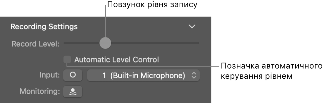 Повзунок рівня запису та позначка автоматичного керування рівнем в інспекторі Smart Controls.