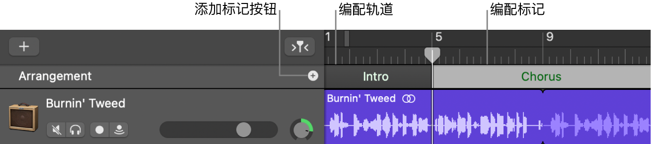 显示“添加标记”按钮和“编配”片段的编配轨道。