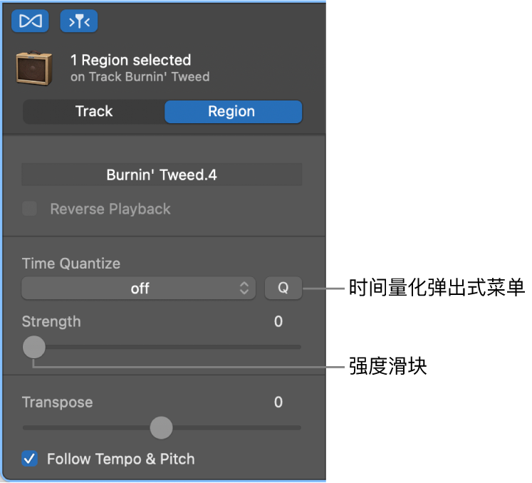 显示“时间量化”弹出式菜单和“强度”滑块的“音频编辑器”检查器。