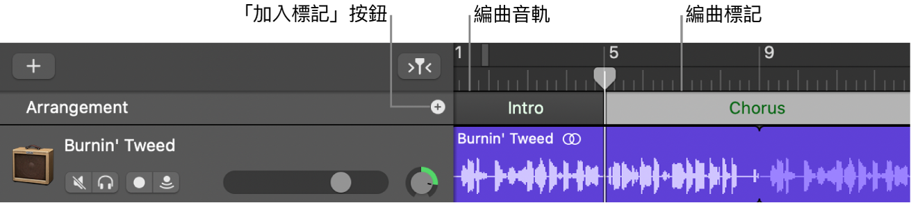 顯示「加入標記」按鈕和「編曲」區段的編曲音軌。