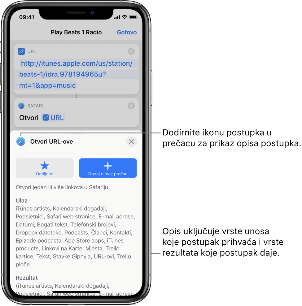 Urednik prečaca s prikazom opisa radnje Otvori URL-ove.