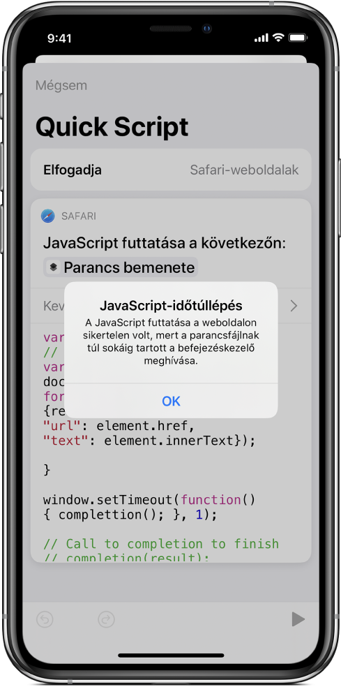 A parancsszerkesztő, amely a JavaScript-időtúllépés hibaüzenetet jeleníti meg.