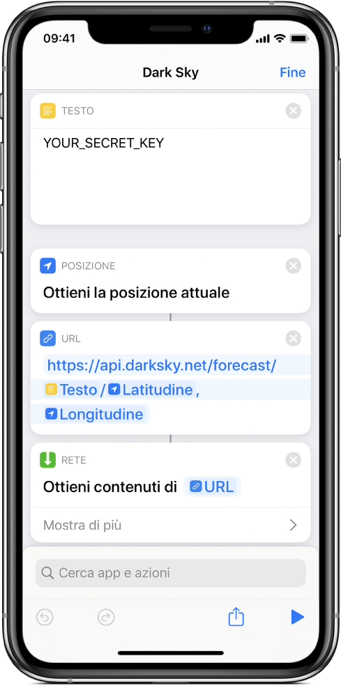 Viene aggiunta un'azione “Ottieni posizione attuale” tra l'azione Testo e l'azione URL nel comando rapido di richiesta dell'API Dark Sky.
