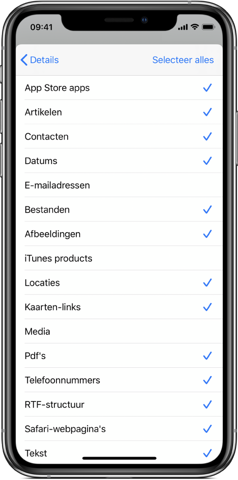 Lijst met invoertypen voor het deelpaneel, met de typen inhoud die beschikbaar zijn voor een opdracht die vanuit een andere app wordt uitgevoerd.