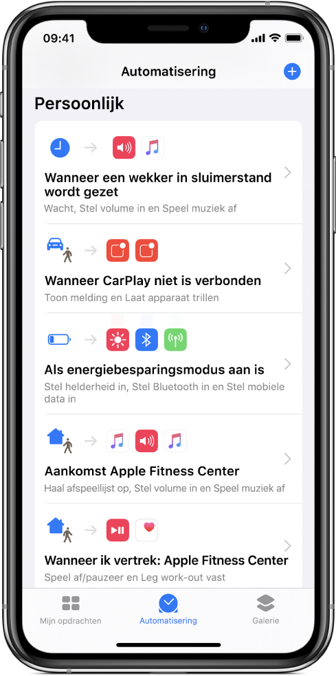 Lijst met persoonlijke automatiseringen in Opdrachten.