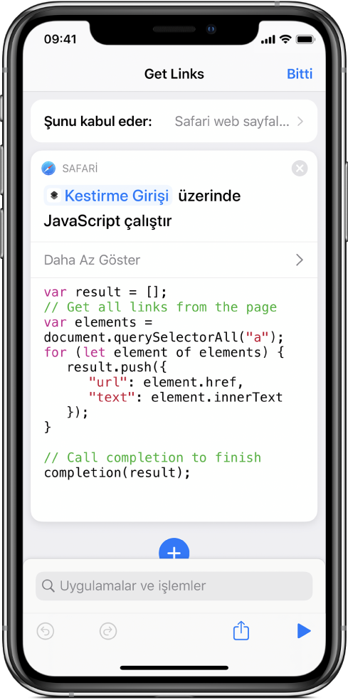 Kestirme düzenleyicide Web Sayfasında JavaScript Çalıştır işlemi.