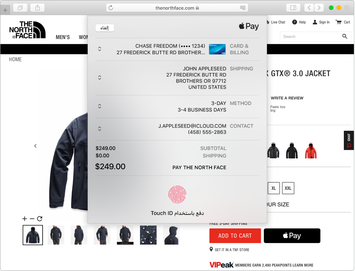 شاشة Mac تعرض عملية شراء عبر الإنترنت قيد التقدم باستخدام خيار Apple Pay في Safari.