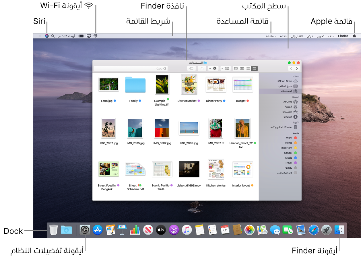 شاشة Mac تعرض قائمة Apple وسطح المكتب وقائمة المساعدة ونافذة Finder وشريط القائمة وأيقونة Wi-Fi وأيقونة اسأل Siri وأيقونة Finder وأيقونة تفضيلات النظام والـ Dock.