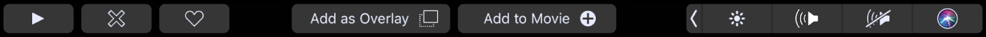 الـ Touch Bar الخاص بتطبيق iMovie ويعرض أزرار المفضلة، وحذف، وتشغيل، وإضافة إلى الفيلم، وإضافة كتراكب.