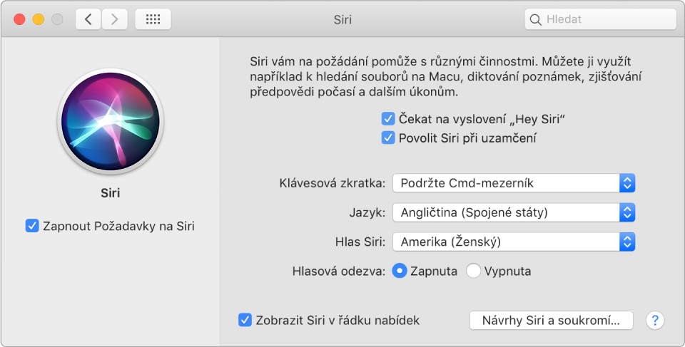Okno předvoleb Siri s vybranou volbou „Zapnout Požadavky na Siri“ vlevo a s několika volbami přizpůsobení Siri na pravé straně, včetně „Reagovat na frázi ‚Hey Siri‘“