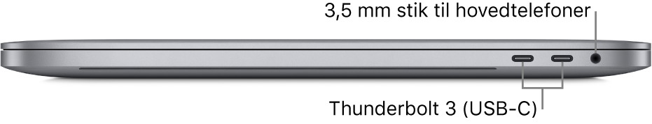 Den højre side af en MacBook Pro med billedforklaringer til de to Thunderbolt 3-porte (USB-C) og 3,5 mm stikket til hovedtelefoner.