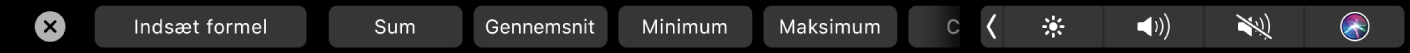 Touch Bar til Numbers med formelknapperne. Disse inkluderer sum, gennemsnit, minimum, maksimum og tæl.