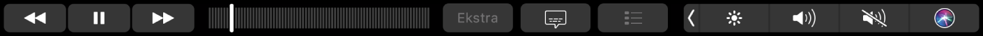 Touch Bar til TV med knapper til at spole tilbage, afspille/holde pause, spole frem, Extras, Undertekster, Menu og et rullefelt til navigation.